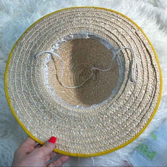 Women's Wide Brimmed Straw Hat Beach Summer Fun Yellow Trim - Picture 5 of 6